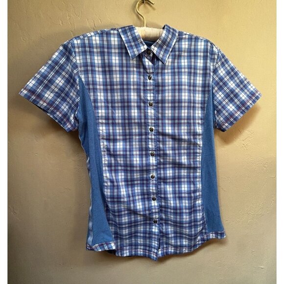 Kuhl Women's Medium Suono Button Front Shirt Plaid Short Sleeve Top Blue Casual - Picture 1 of 9